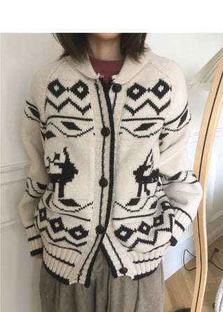 Jever Deer Nordic Round Collar Knitwear Cardigan