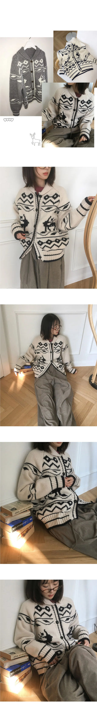 Jever Deer Nordic Round Collar Knitwear Cardigan