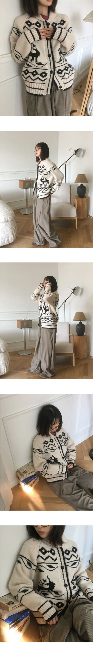 Jever Deer Nordic Round Collar Knitwear Cardigan