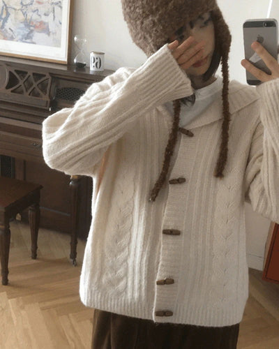 Hinmo Twisted Tteokbokki Button Hood Knitwear Cardigan