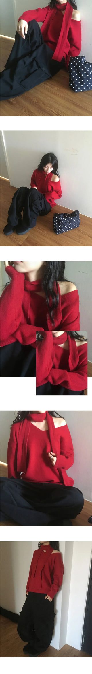 Cult V-Neck Off-Shoulder Muffler Knitwear Set