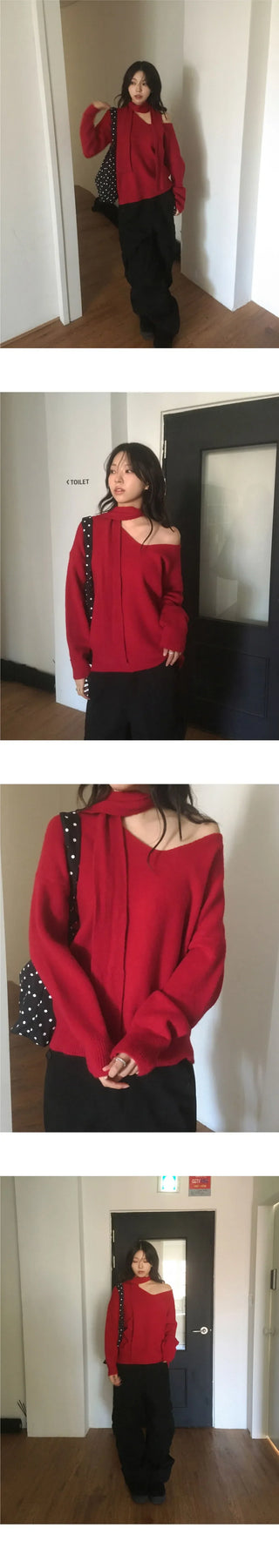 Cult V-Neck Off-Shoulder Muffler Knitwear Set
