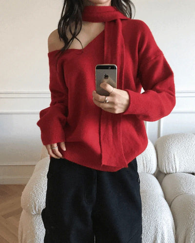 Cult V-Neck Off-Shoulder Muffler Knitwear Set