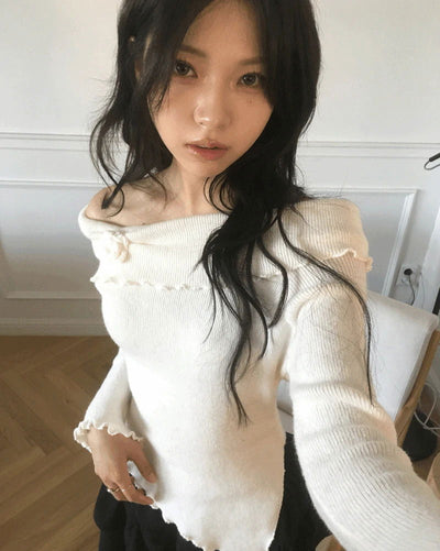 Neon Rose Corsage Wave Off-Shoulder Knitwear