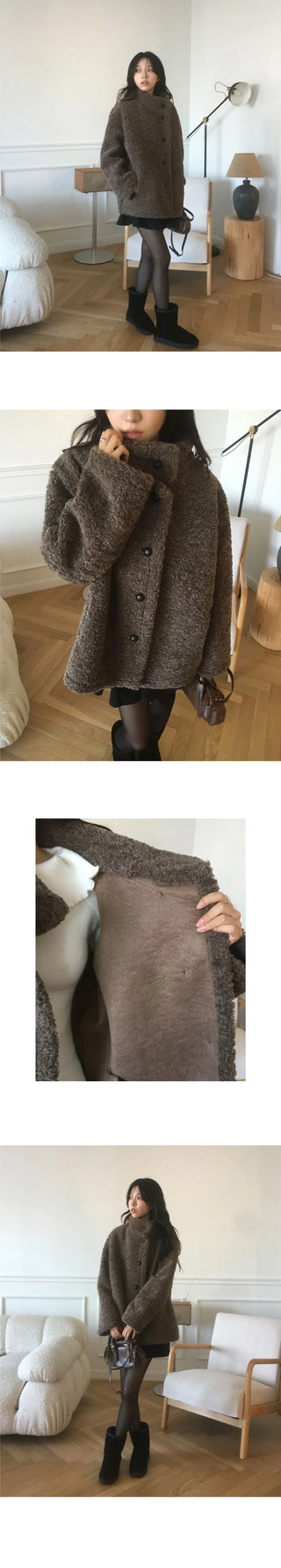 Hape Wool Suede Button Half Coat Fur Jacket