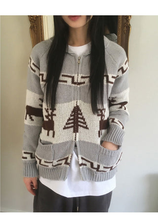 DMont Deer Nordic Overfit Two Way Knitwear Zip-up Cardigan