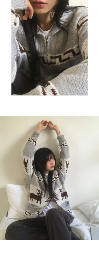 DMont Deer Nordic Overfit Two Way Knitwear Zip-up Cardigan