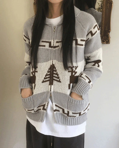 DMont Deer Nordic Overfit Two Way Knitwear Zip-up Cardigan