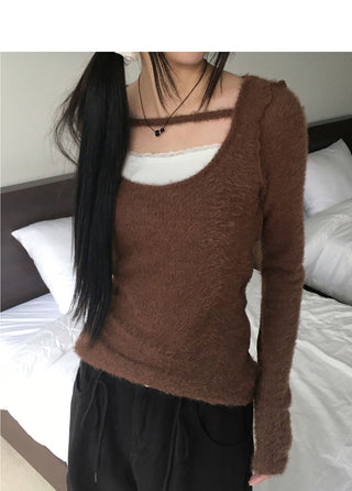Burkus lace strap angora long sleeve t-shirt