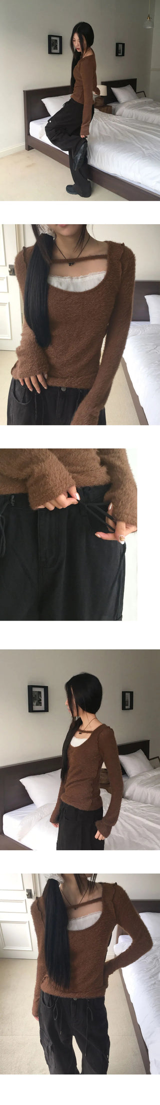 Burkus lace strap angora long sleeve t-shirt