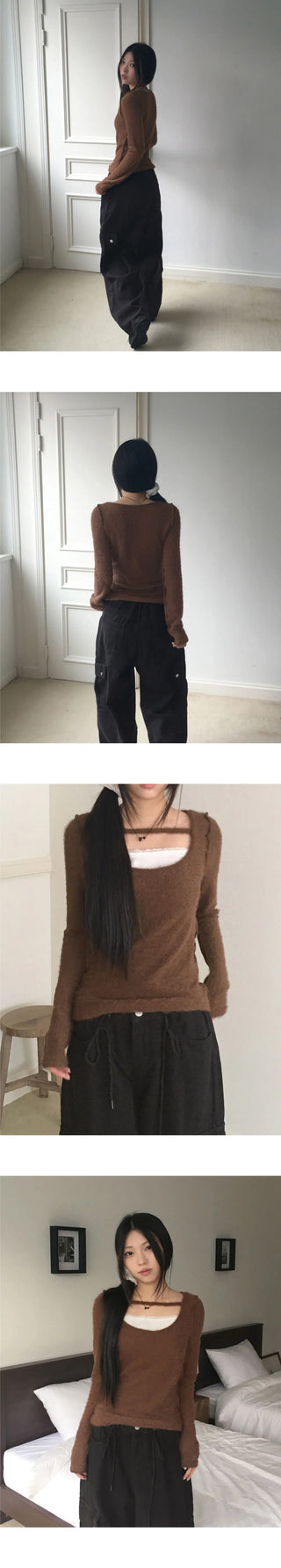 Burkus lace strap angora long sleeve t-shirt