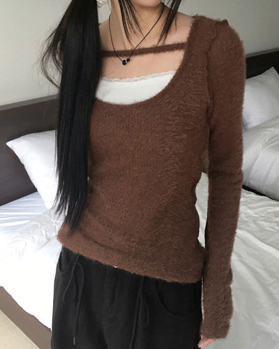 Burkus lace strap angora long sleeve t-shirt