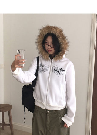 Petol Ribbon Star Two Way Fur Hooded Zip-Up