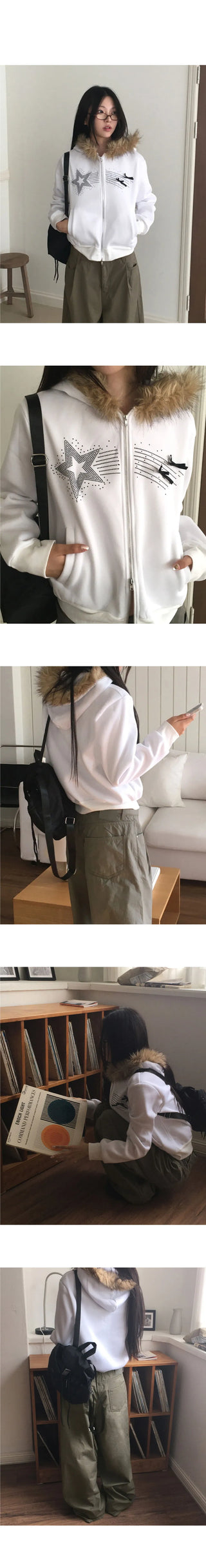 Petol Ribbon Star Two Way Fur Hooded Zip-Up