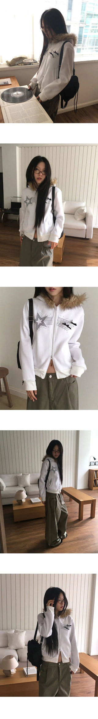Petol Ribbon Star Two Way Fur Hooded Zip-Up