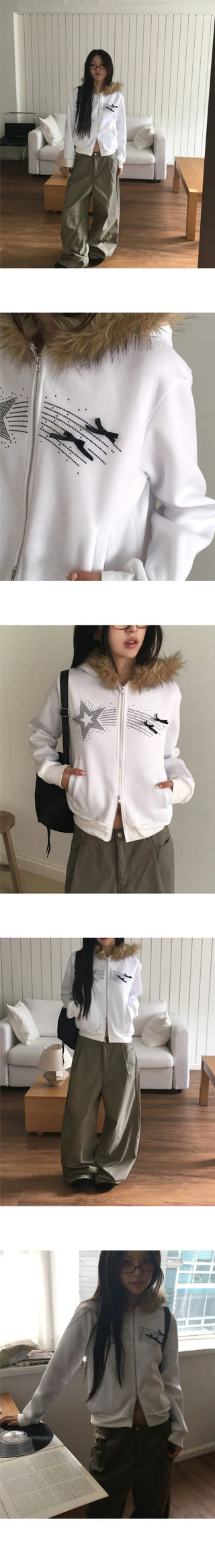 Petol Ribbon Star Two Way Fur Hooded Zip-Up