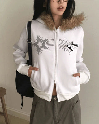 Petol Ribbon Star Two Way Fur Hooded Zip-Up