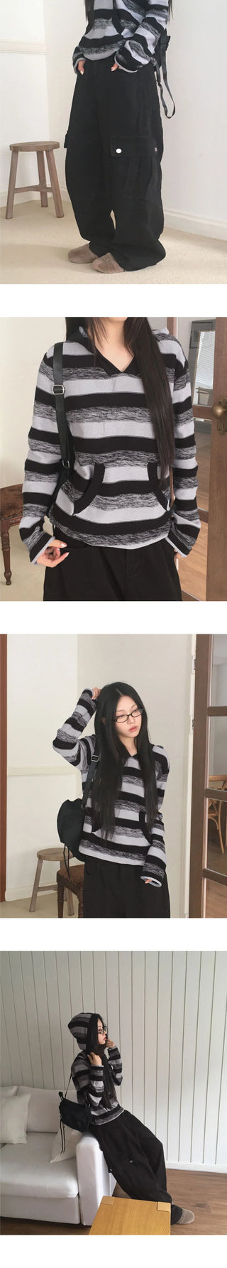 Blond Stripe Color Block Slim Fit Hooded Knitwear