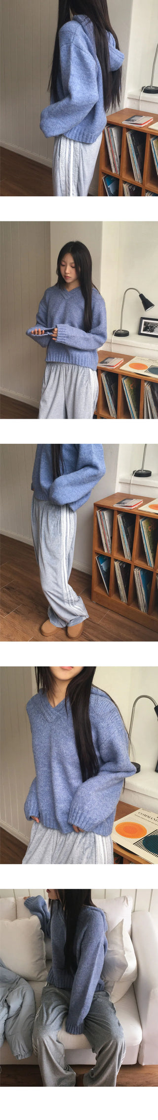 Hade Cozy V V-Neck A-Line Fit Hooded Knitwear