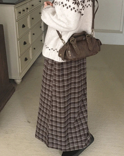 Carin Vintage Check Maxi Long Skirt