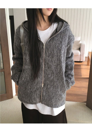 Dubo Mohair Fur Brush Zipper Hooded Zip-Up