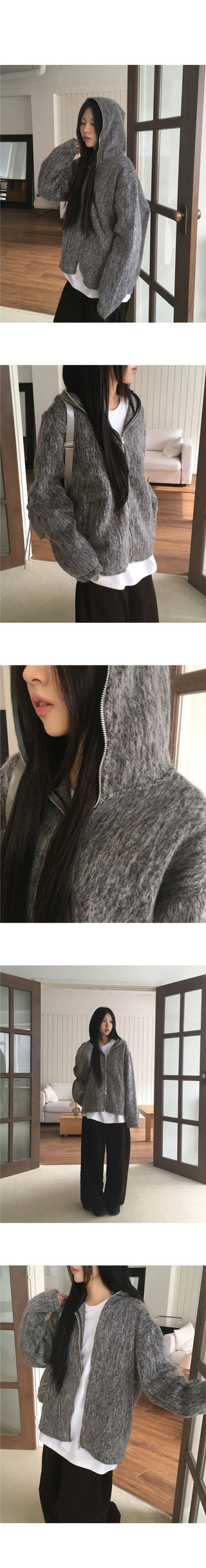 Dubo Mohair Fur Brush Zipper Hooded Zip-Up