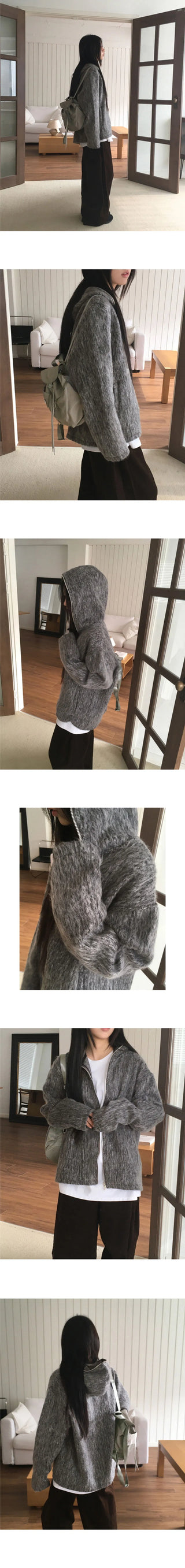 Dubo Mohair Fur Brush Zipper Hooded Zip-Up