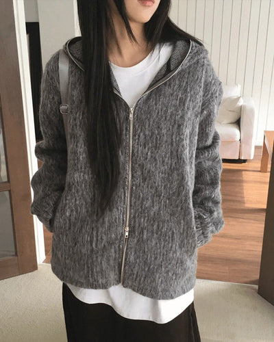 Dubo Mohair Fur Brush Zipper Hooded Zip-Up
