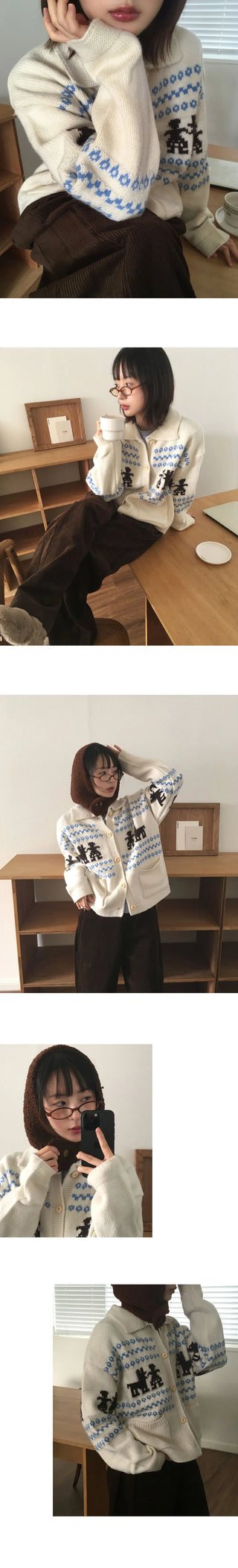 Nekan Nordic Collar Wood Button Knitwear Cardigan
