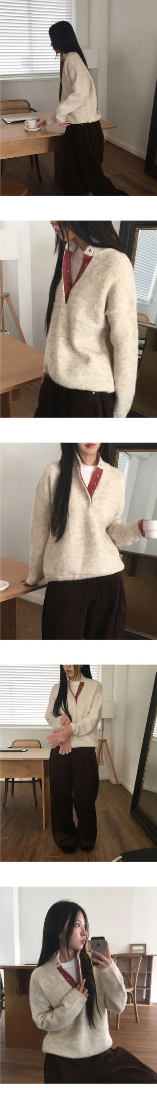 Cotic Bocashi Color Block Half Snap Button Knitwear