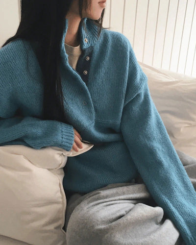 Cotic Bocashi Color Block Half Snap Button Knitwear