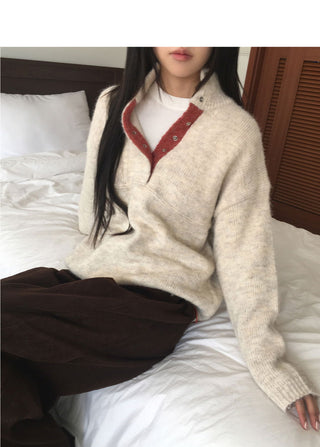 Cotic Bocashi Color Block Half Snap Button Knitwear