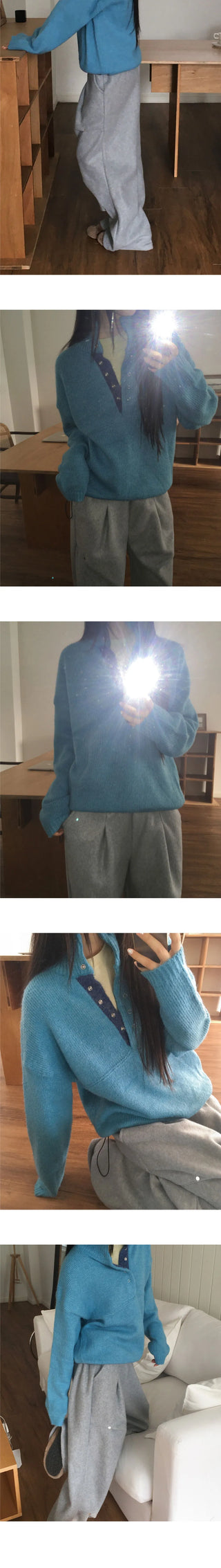 Cotic Bocashi Color Block Half Snap Button Knitwear