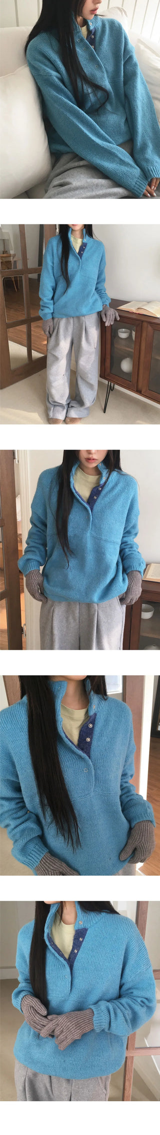Cotic Bocashi Color Block Half Snap Button Knitwear