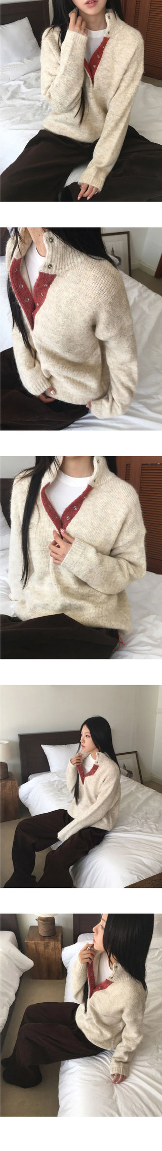 Cotic Bocashi Color Block Half Snap Button Knitwear