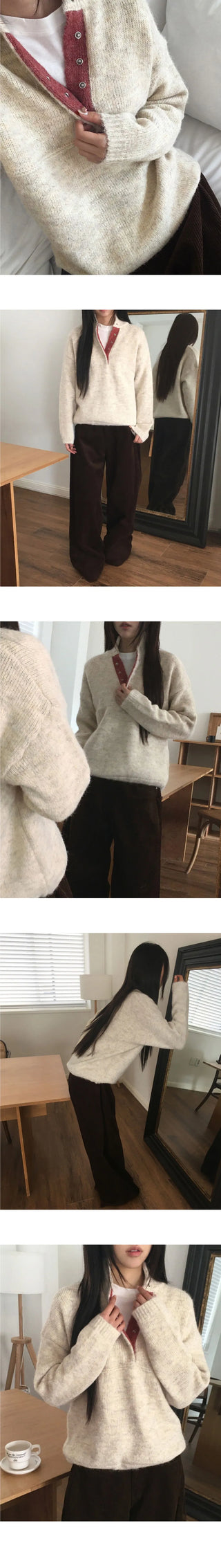 Cotic Bocashi Color Block Half Snap Button Knitwear