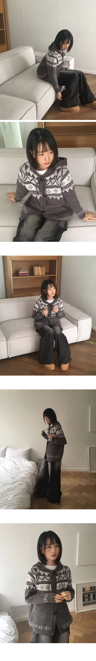 Linga Duffle Tteokbokki Nordic Hood Knitwear Cardigan