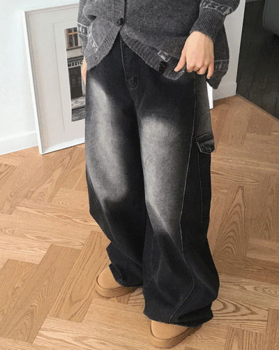 Mowell Black Denim Faded Wide Cargo Denim Pants
