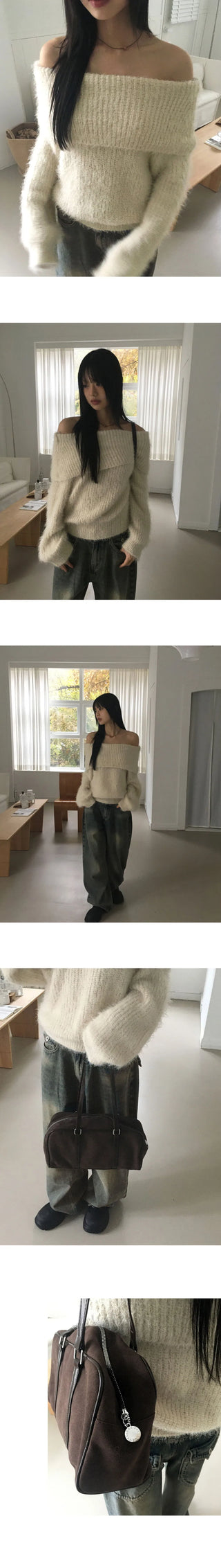 Lisle Pom Pom Angora Loose-fit Off Shoulder Fur Knitwear