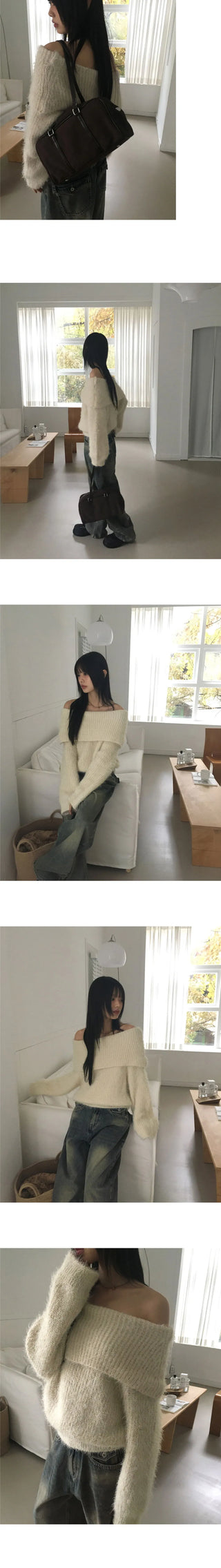 Lisle Pom Pom Angora Loose-fit Off Shoulder Fur Knitwear