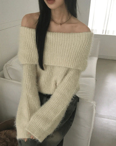 Lisle Pom Pom Angora Loose-fit Off Shoulder Fur Knitwear