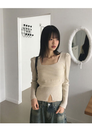 Coil Chiffon Layered Square Neck Team Ribbed Knitwear
