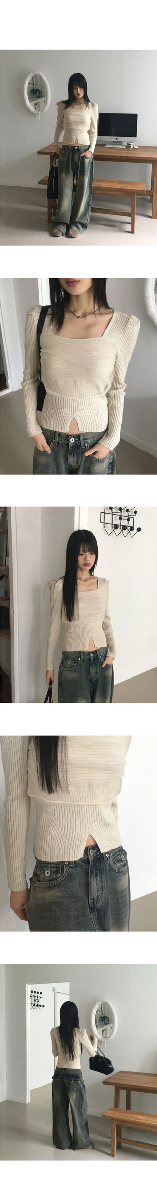 Coil Chiffon Layered Square Neck Team Ribbed Knitwear