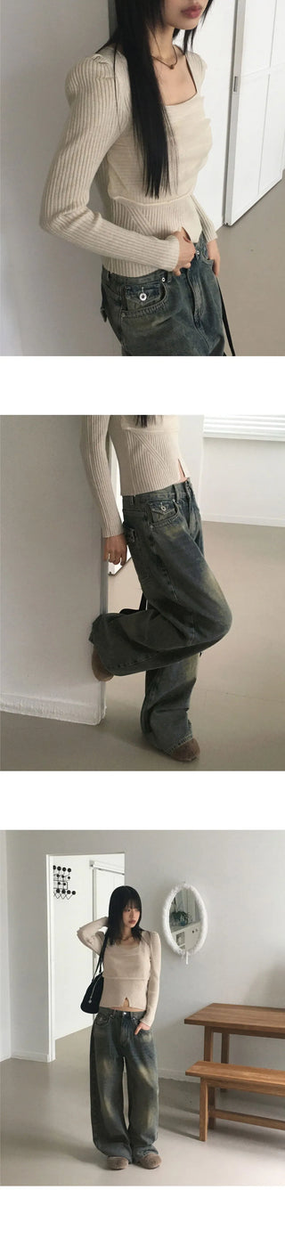 Coil Chiffon Layered Square Neck Team Ribbed Knitwear