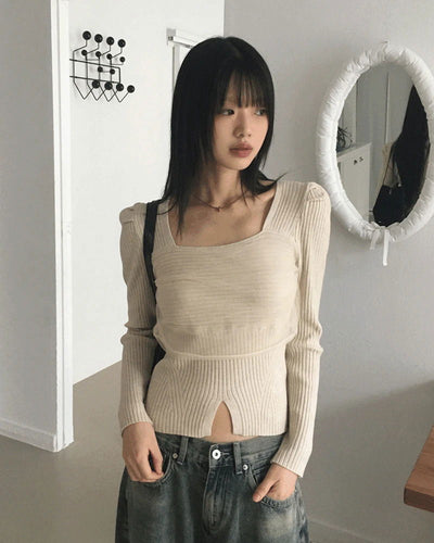 Coil Chiffon Layered Square Neck Team Ribbed Knitwear
