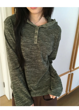 Zike Stripe Bocashi Button Color Block Hooded T-shirt