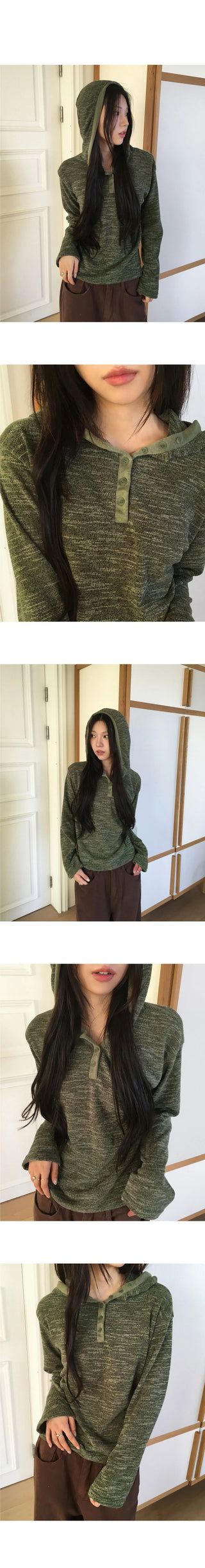 Zike Stripe Bocashi Button Color Block Hooded T-shirt