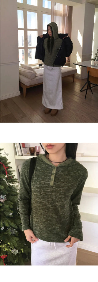 Zike Stripe Bocashi Button Color Block Hooded T-shirt