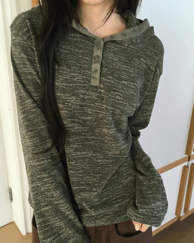Zike Stripe Bocashi Button Color Block Hooded T-shirt
