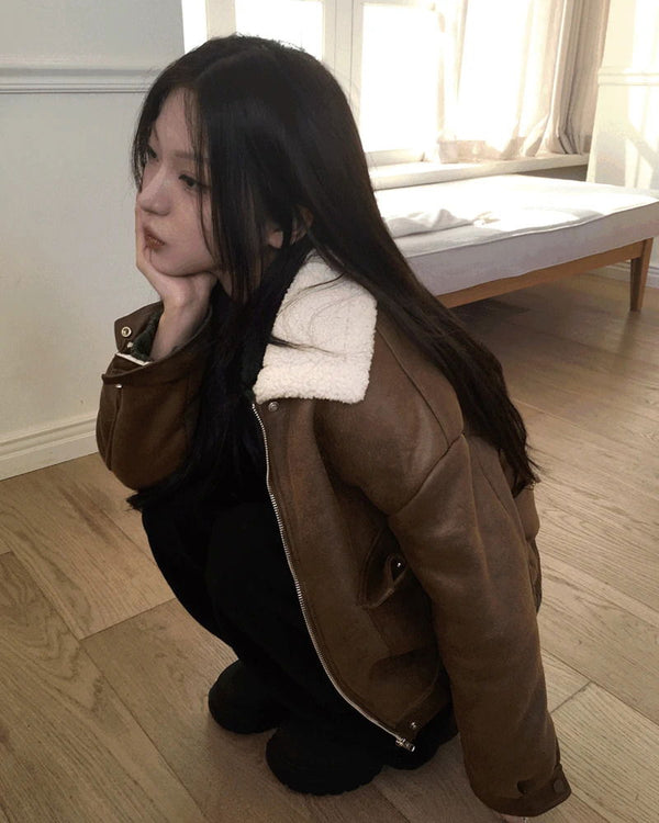 Drom Suede Poggle Fur Collar Shearling Jacket